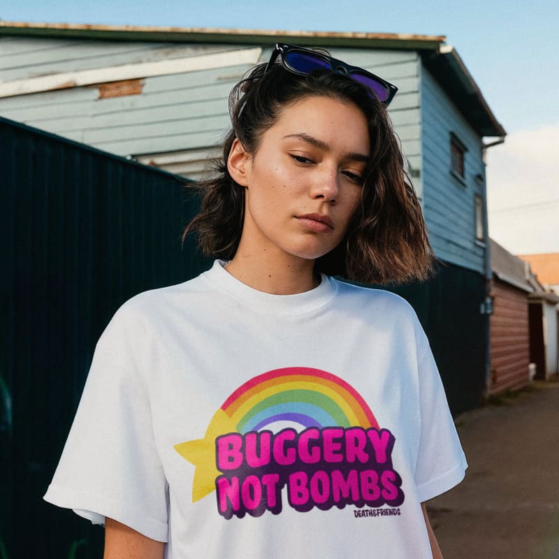 Buggery Not Bombs T-shirt - Death and Friends - Fund Whores