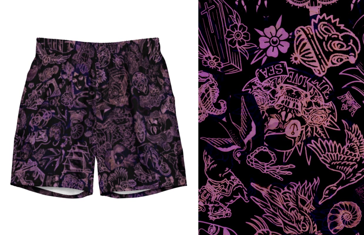 ’Carbon Sheet’ Traditional Tattoo Goth Swim Shorts