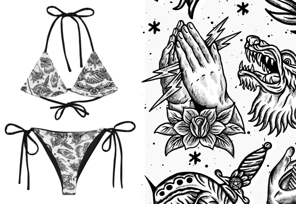 Full set ’B&W Flash’ Eco String Tattoo Bikini - Death