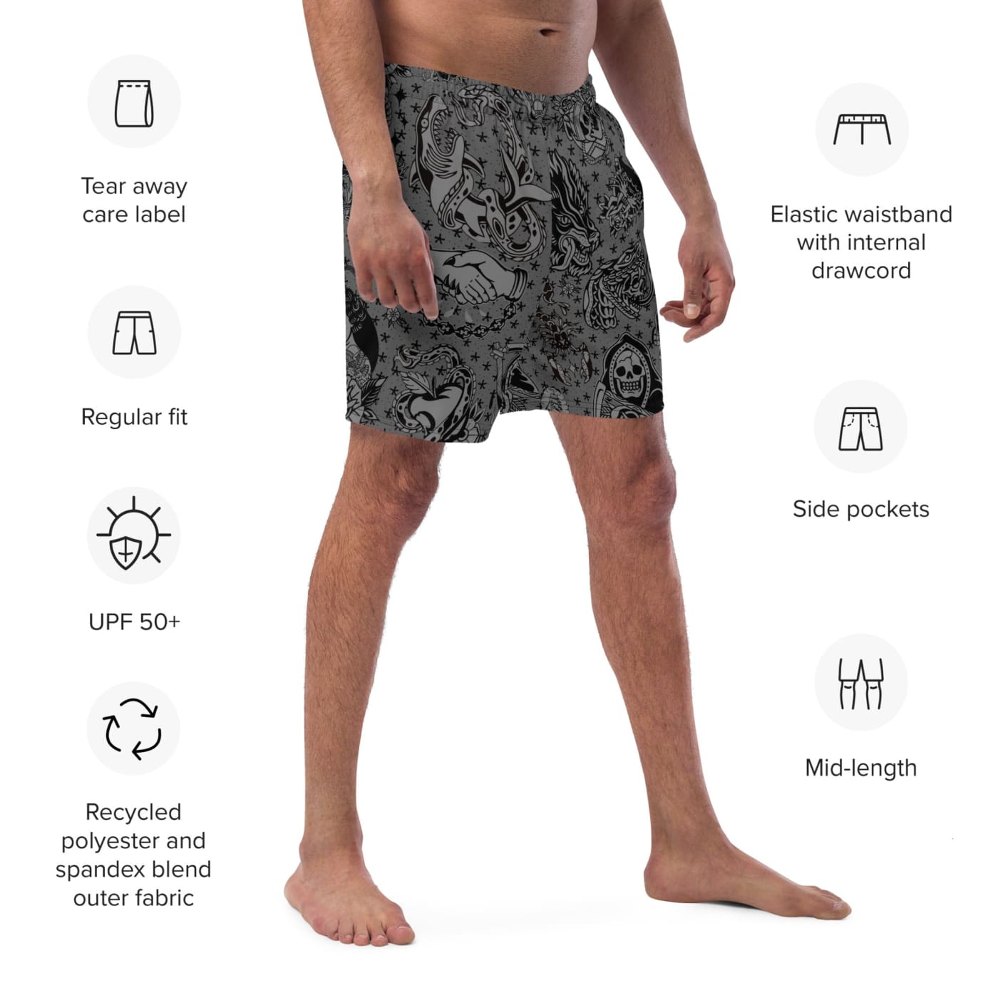 ’Gothic’ Old School Tattoo Eco Swim Trunks - Death &