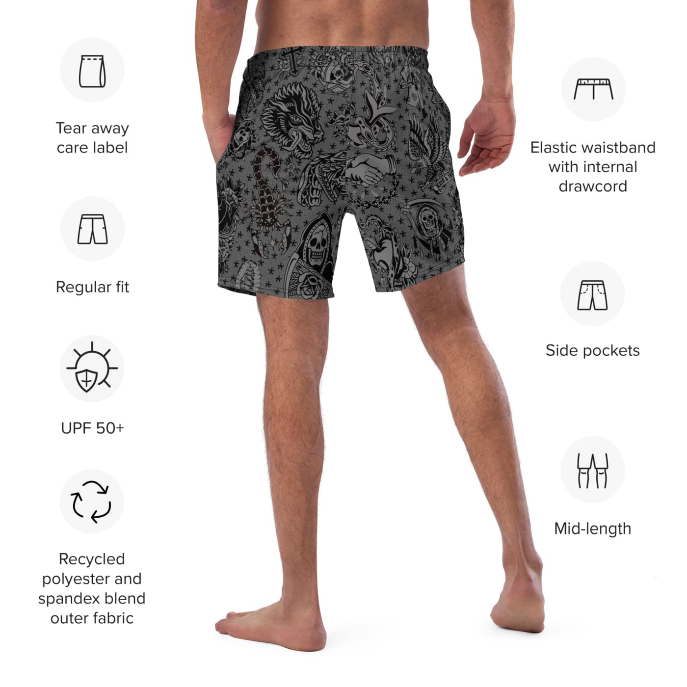 ’Gothic’ Old School Tattoo Eco Swim Trunks - Death &