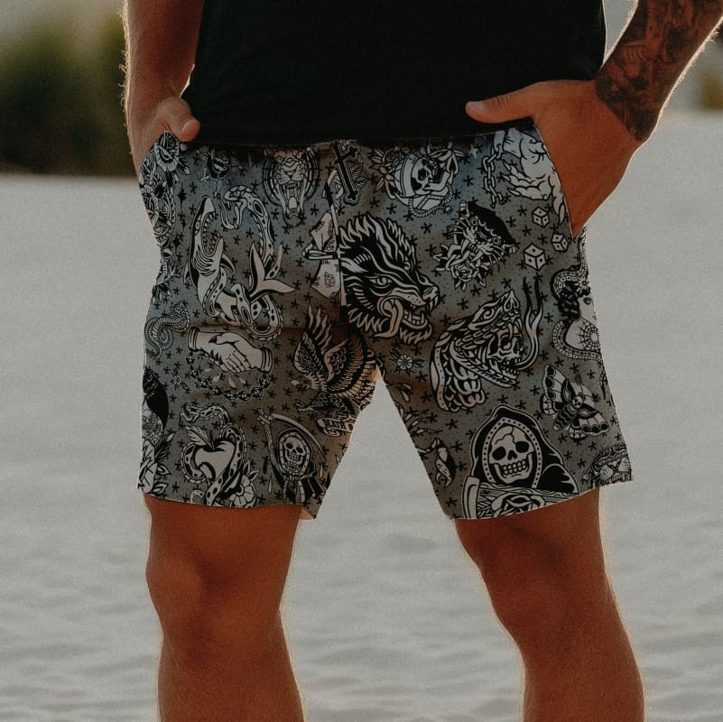 ’Gothic’ Traditional Tattoo Eco Swim Trunks - D&F Punk