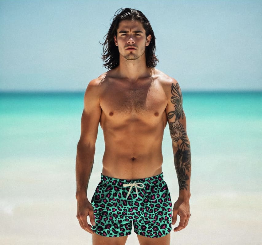 Leopard Turquoise & Pink Swim Shorts - Death and Friends