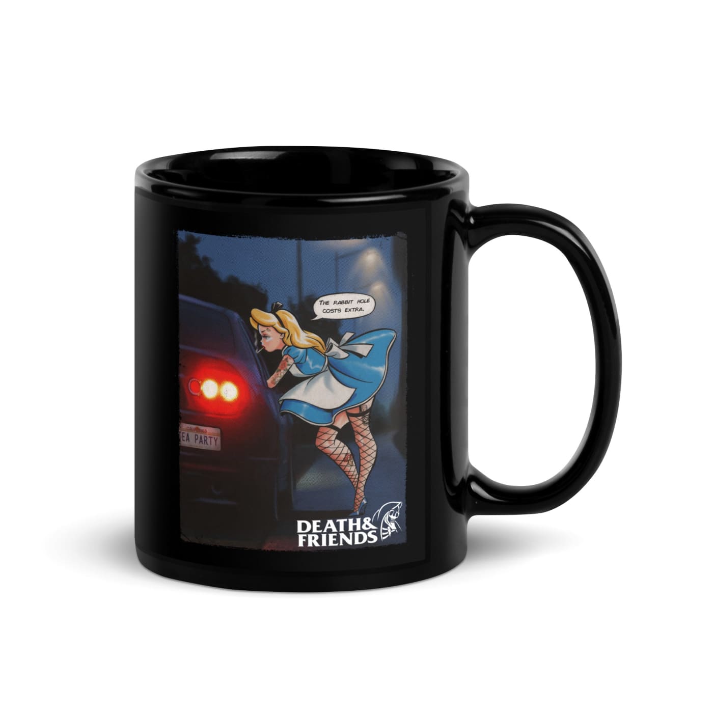 ’The Rabbit Hole Costs Extra’ Black Glossy Mug - Death