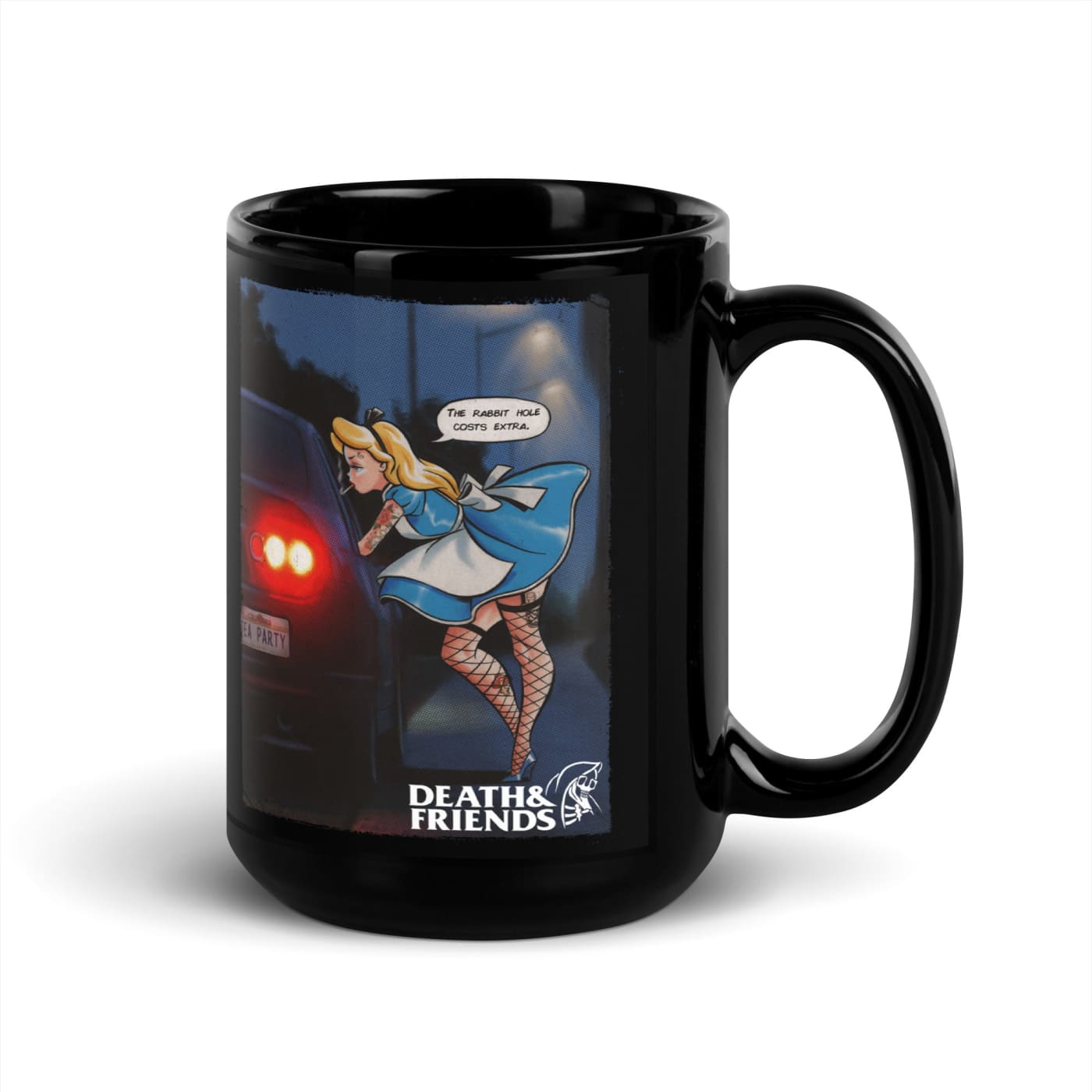 ’The Rabbit Hole Costs Extra’ Black Glossy Mug - Death