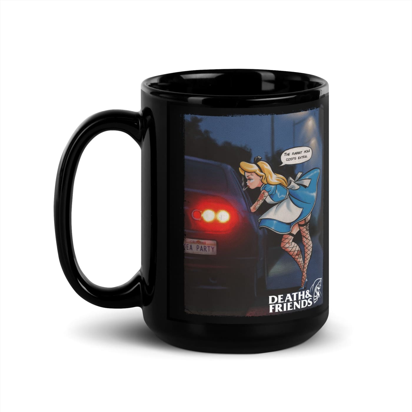 ’The Rabbit Hole Costs Extra’ Black Glossy Mug - Death