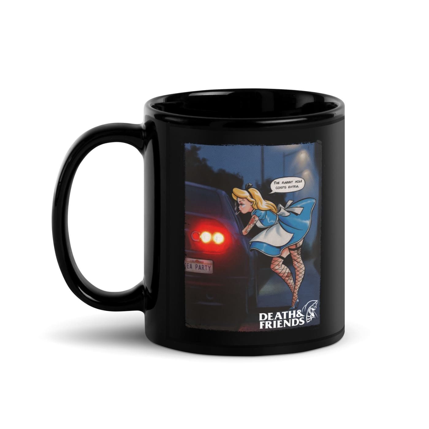 ’The Rabbit Hole Costs Extra’ Black Glossy Mug - Death