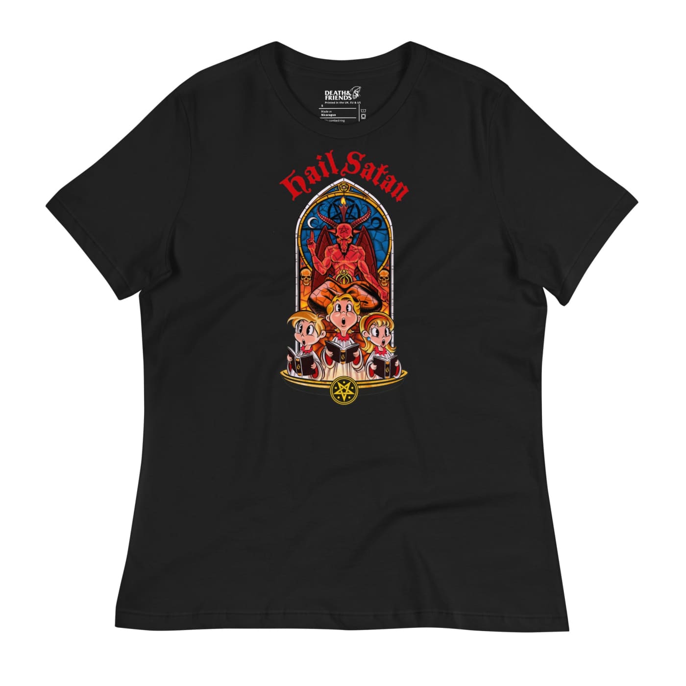 Women’s Cartoon Hail Satan T - Shirt - Death and Friends